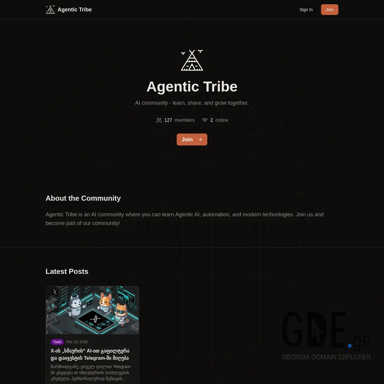 Screenshot of the site agentictribe.ge at 2026-02-11