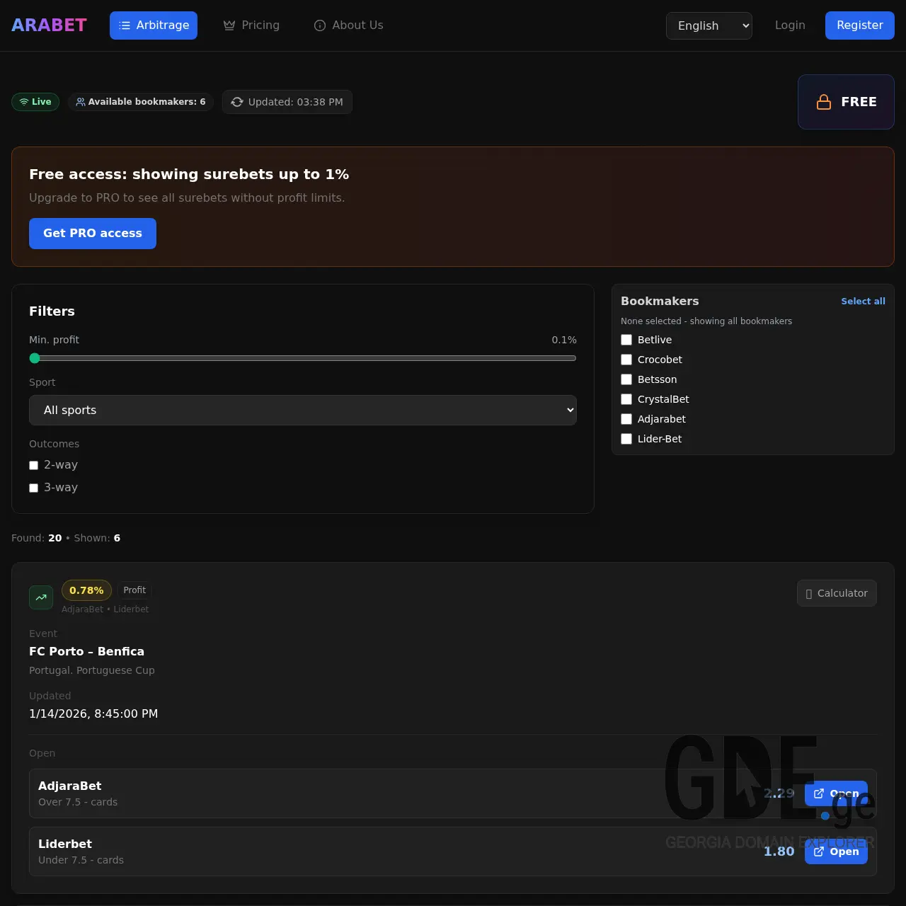 Screenshot of the site arabet.ge at 2026-01-14
