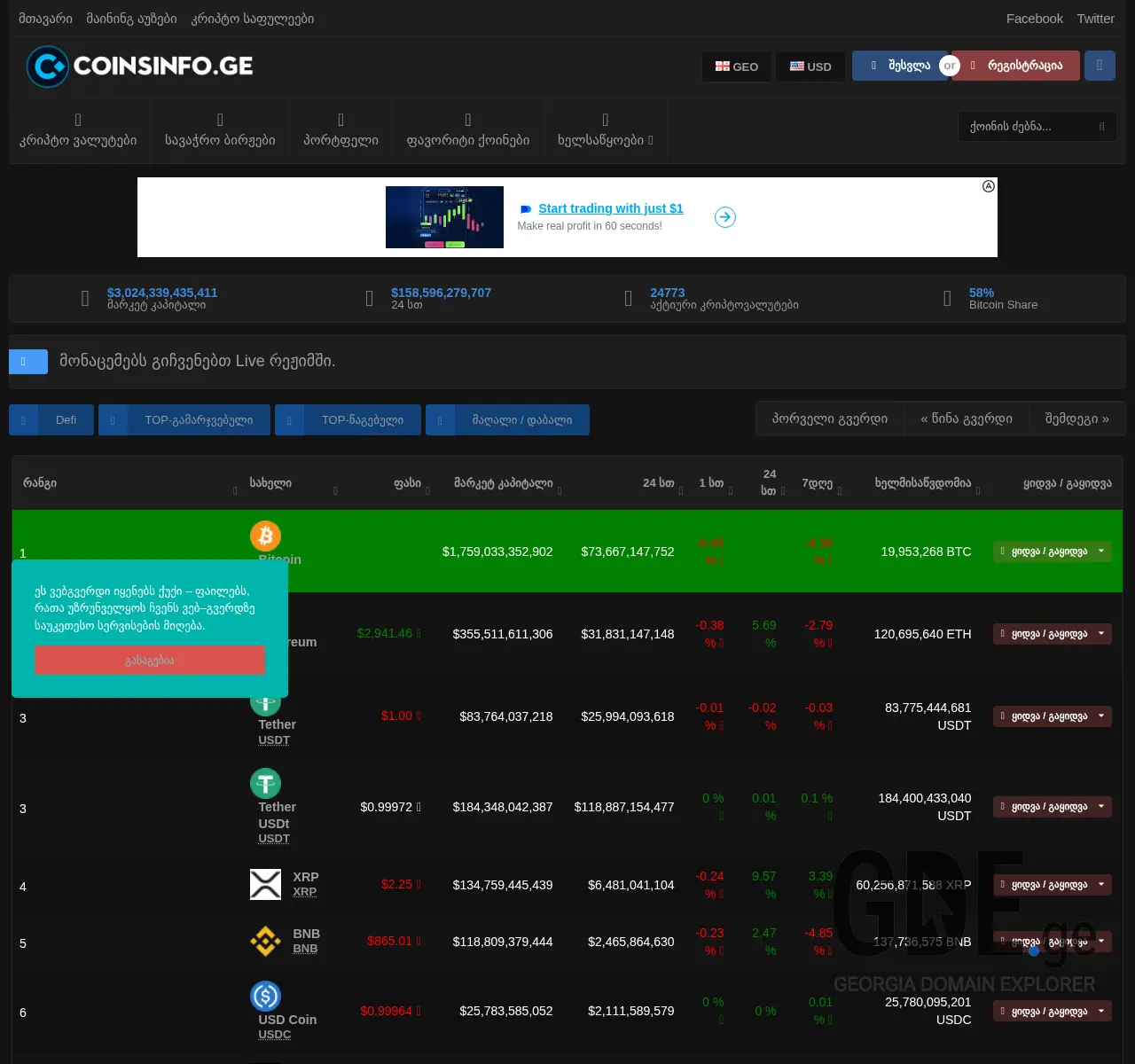 Screenshot of the site coinsinfo.ge at 2025-11-25