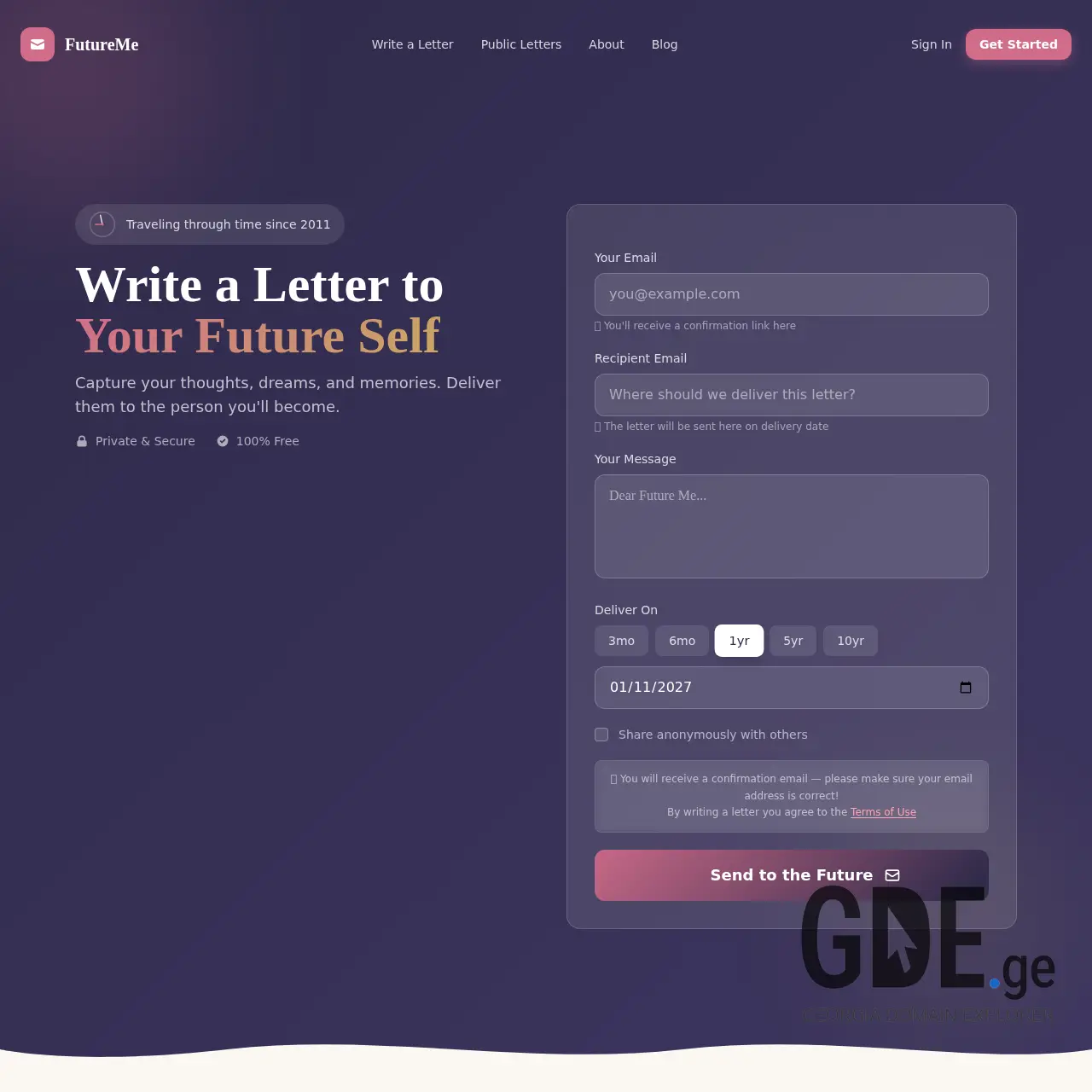 Screenshot of the site futureme.ge at 2026-01-11