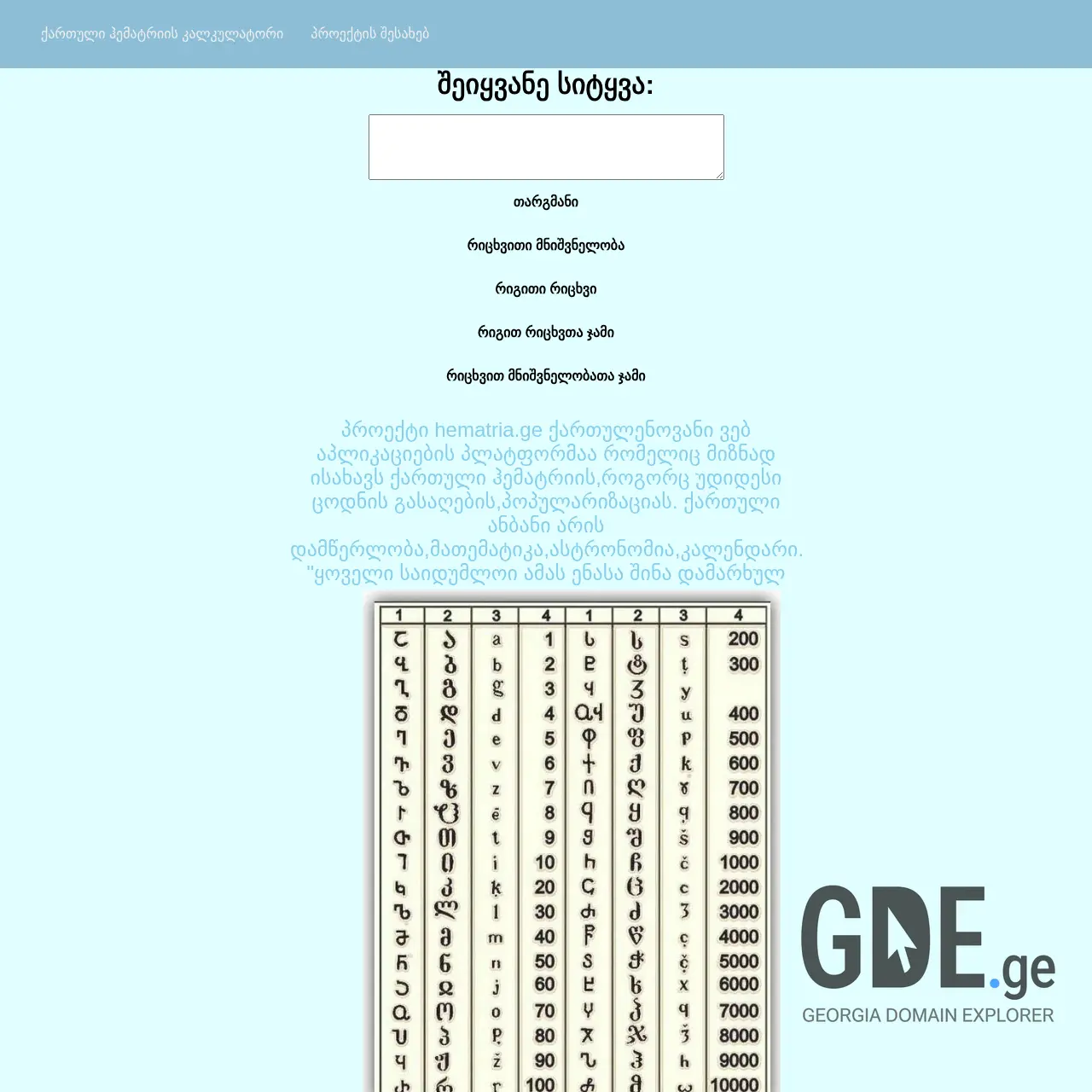 Screenshot of the site gematria.ge at 2025-12-15