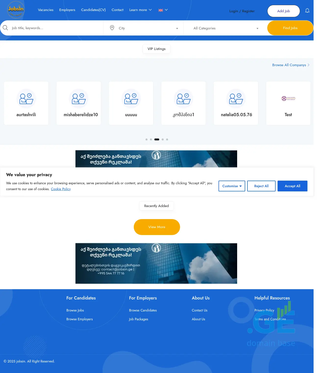 Screenshot of the site jobsin.ge