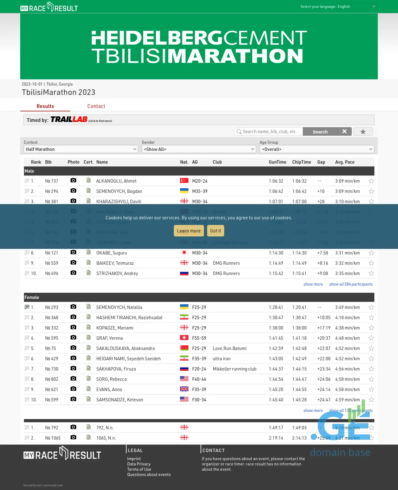Screenshot of the site marathonresults.ge