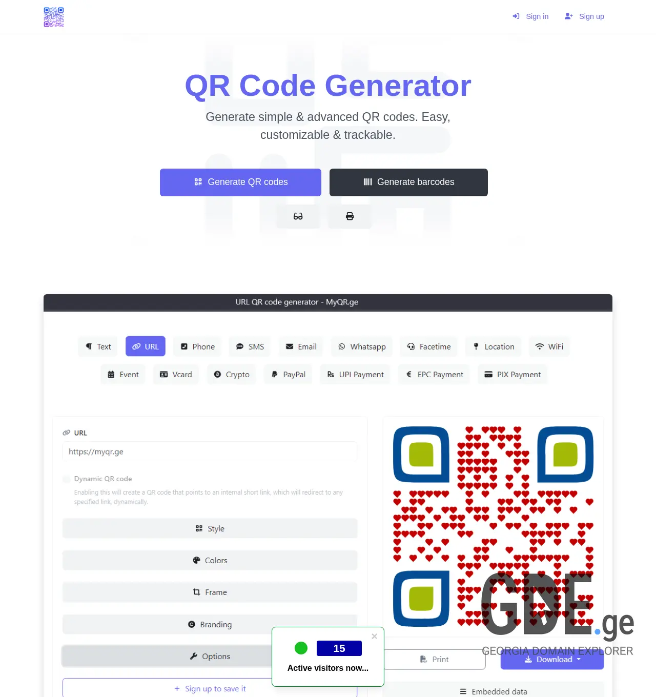 Screenshot of the site myqr.ge at 2025-12-03