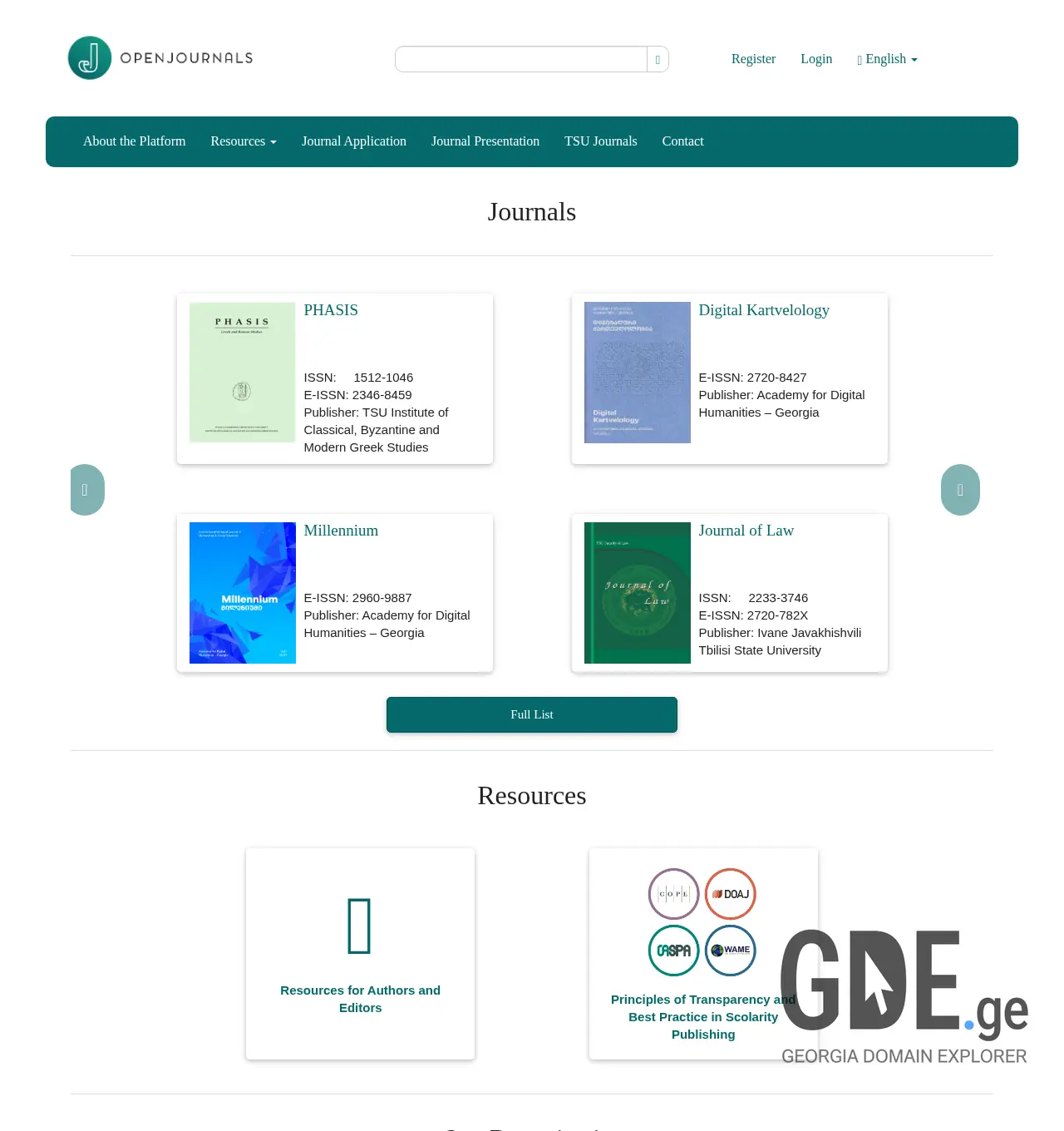Screenshot of the site openjournals.ge at 2025-12-02