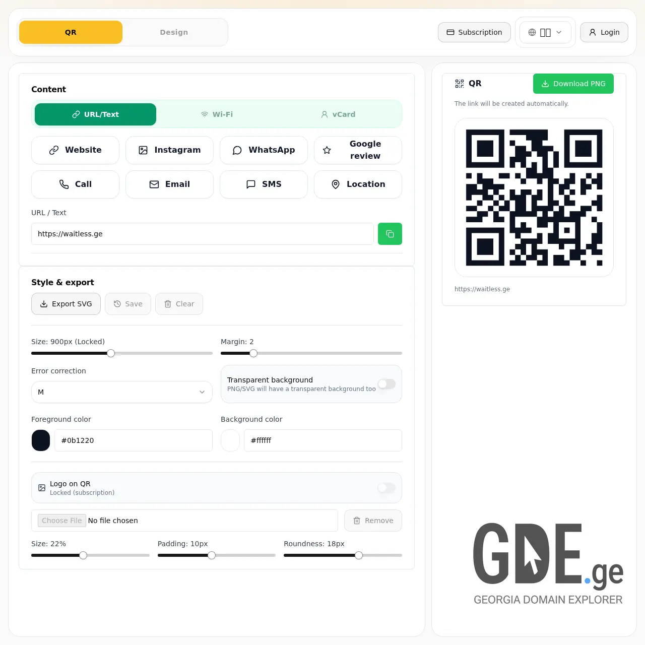 Screenshot of the site qrcreator.ge at 2026-02-24