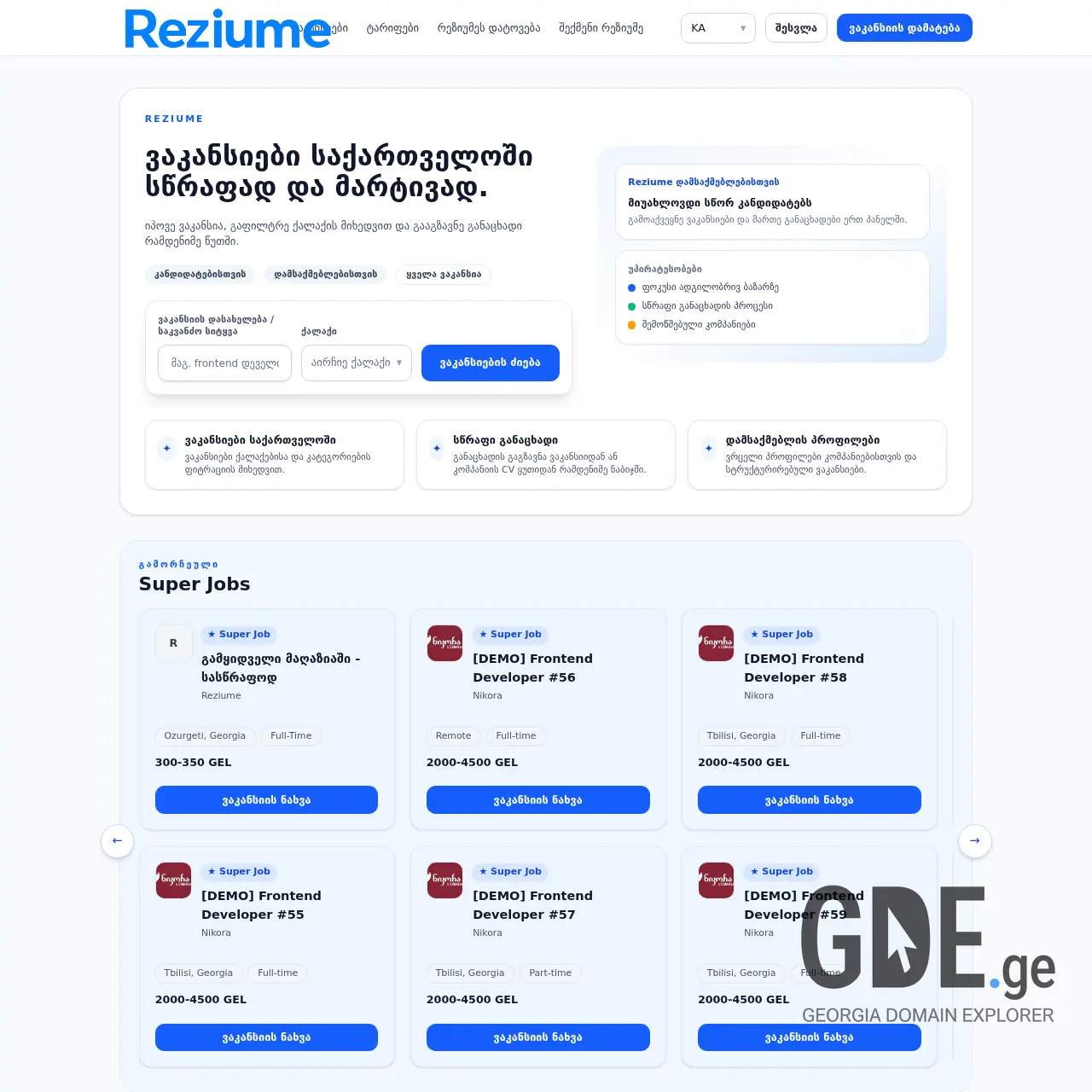 Screenshot of the site reziume.ge at 2025-12-25