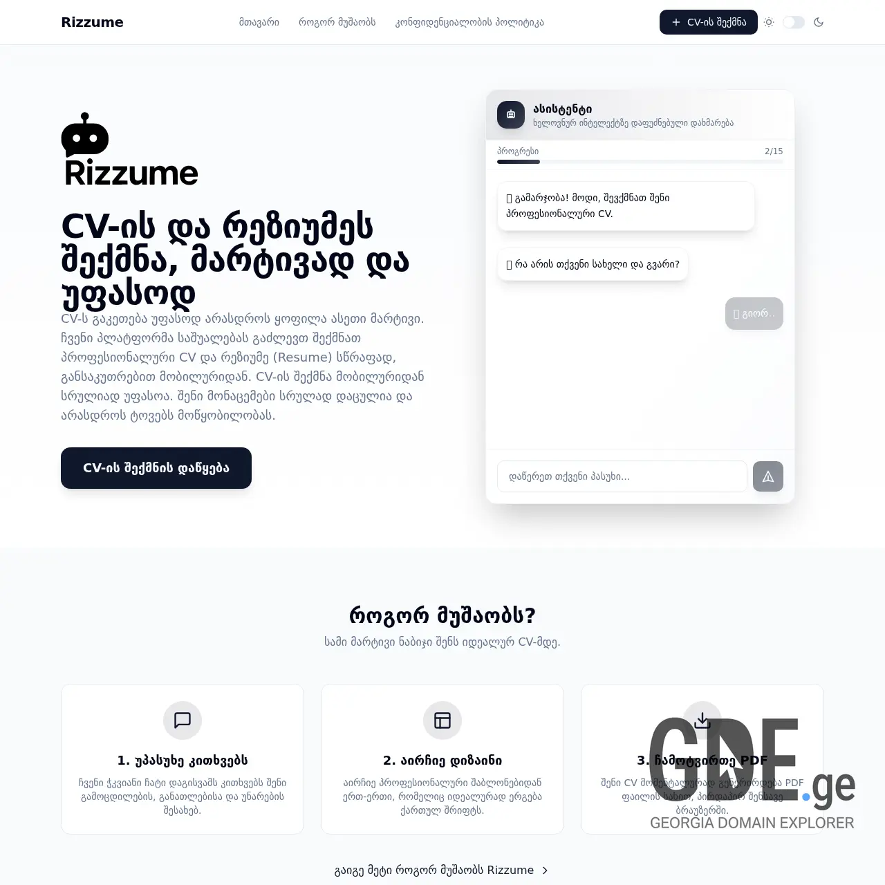 Screenshot of the site rizzume.ge at 2025-12-14