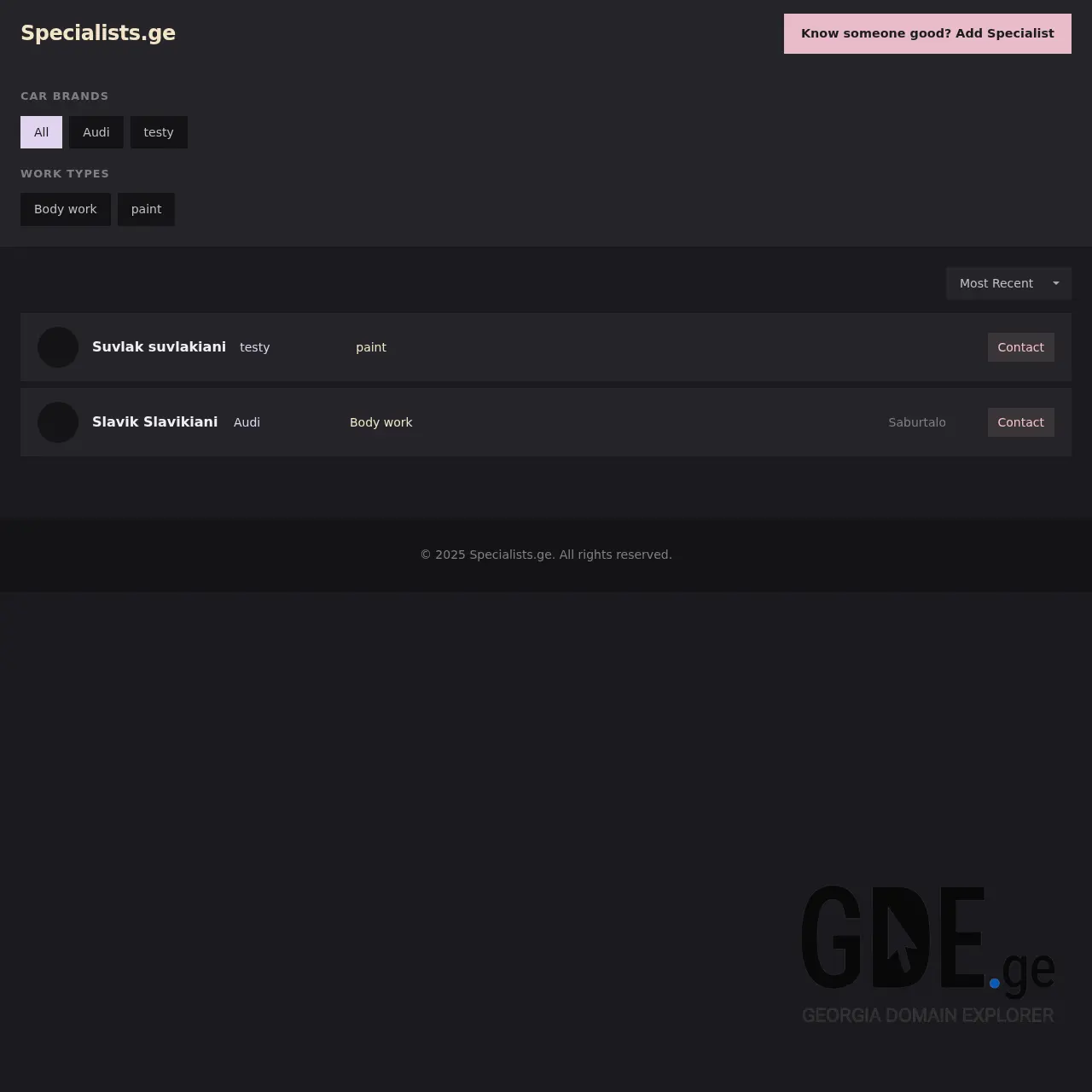 Screenshot of the site specialists.ge at 2025-12-17