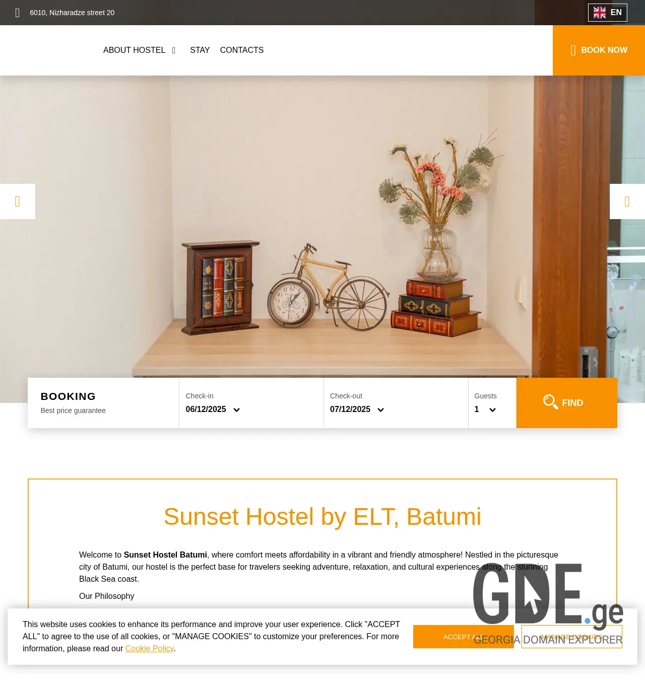 Screenshot of the site sunsethostel.ge at 2025-12-06