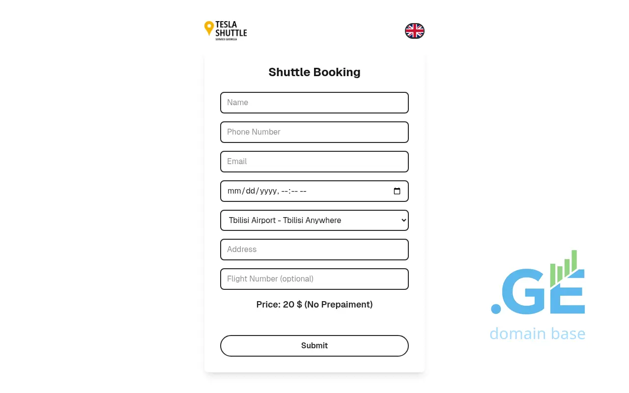 Screenshot of the site teslashuttle.ge