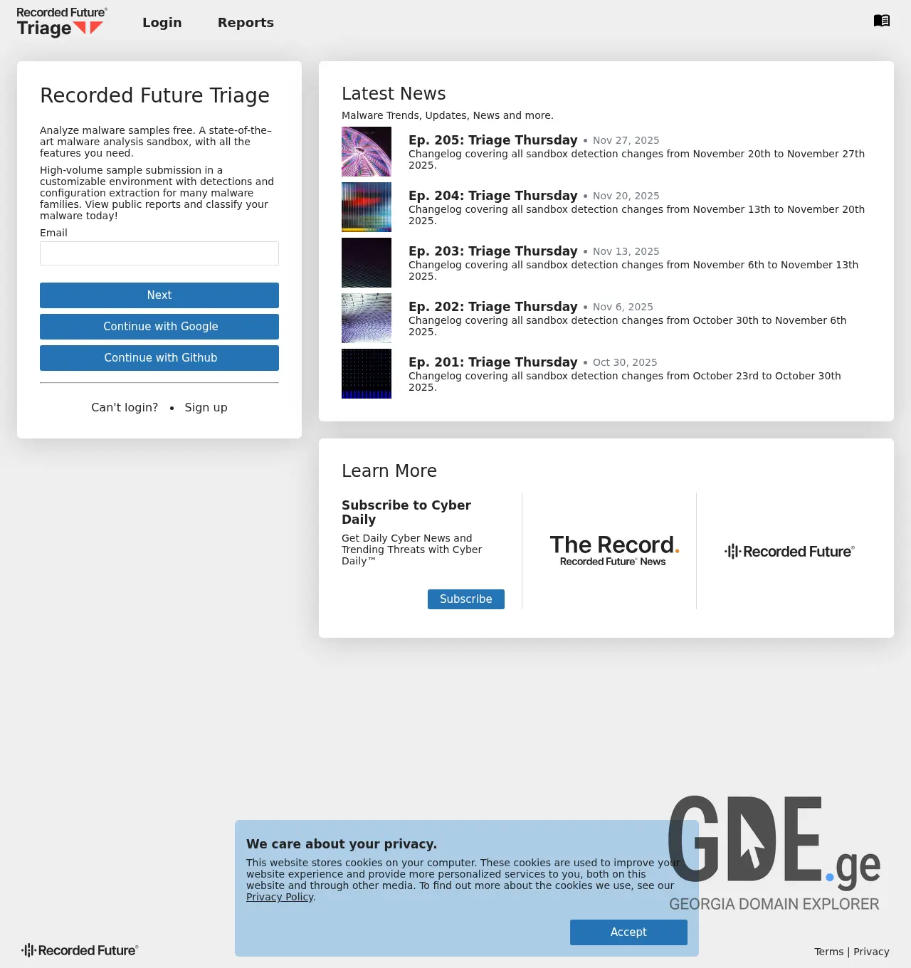 Screenshot of the site tria.ge at 2025-11-29